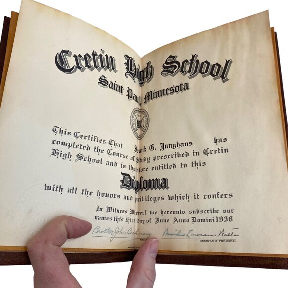 Vintage 1938 Cretin High School Diploma w/ Leather Cover St Paul, MN Minnesota - Picture 4 of 7